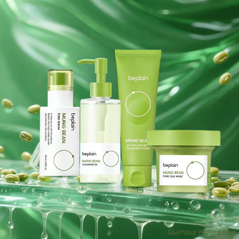 Korean Mung Bean Skincare Set — Pore Serum, Cleansing Foam, Clay Mask & Makeup Remover