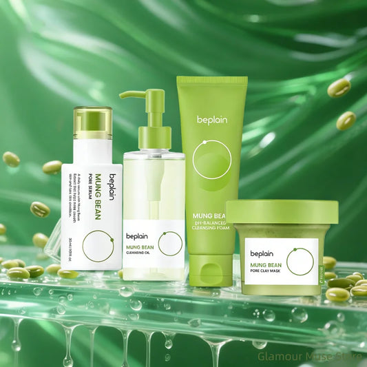 Korean Mung Bean Skincare Set — Pore Serum, Cleansing Foam, Clay Mask & Makeup Remover