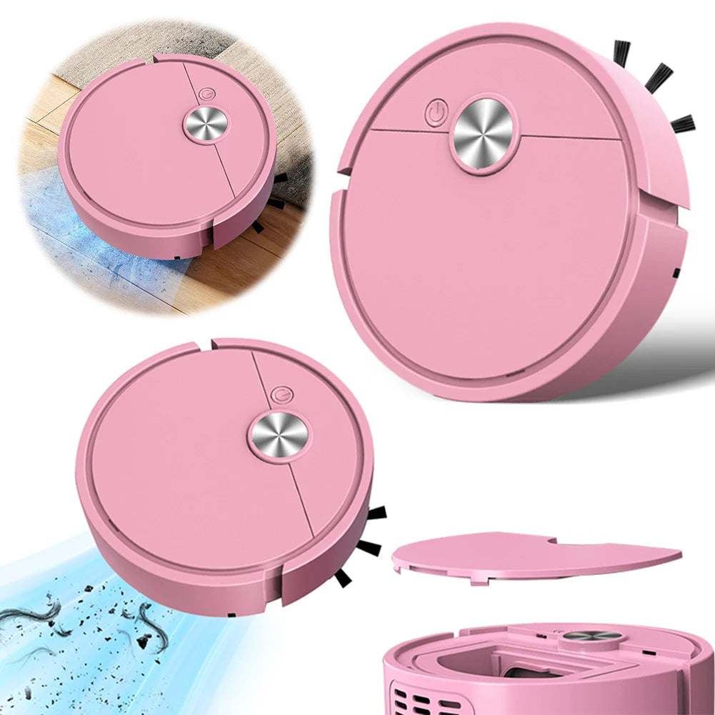 Mini Smart Cleaning Robot | Ultra-Compact 3-in-1 Sweep, Vacuum & Mop, LED-Lit & Silent – White, Black & Pink