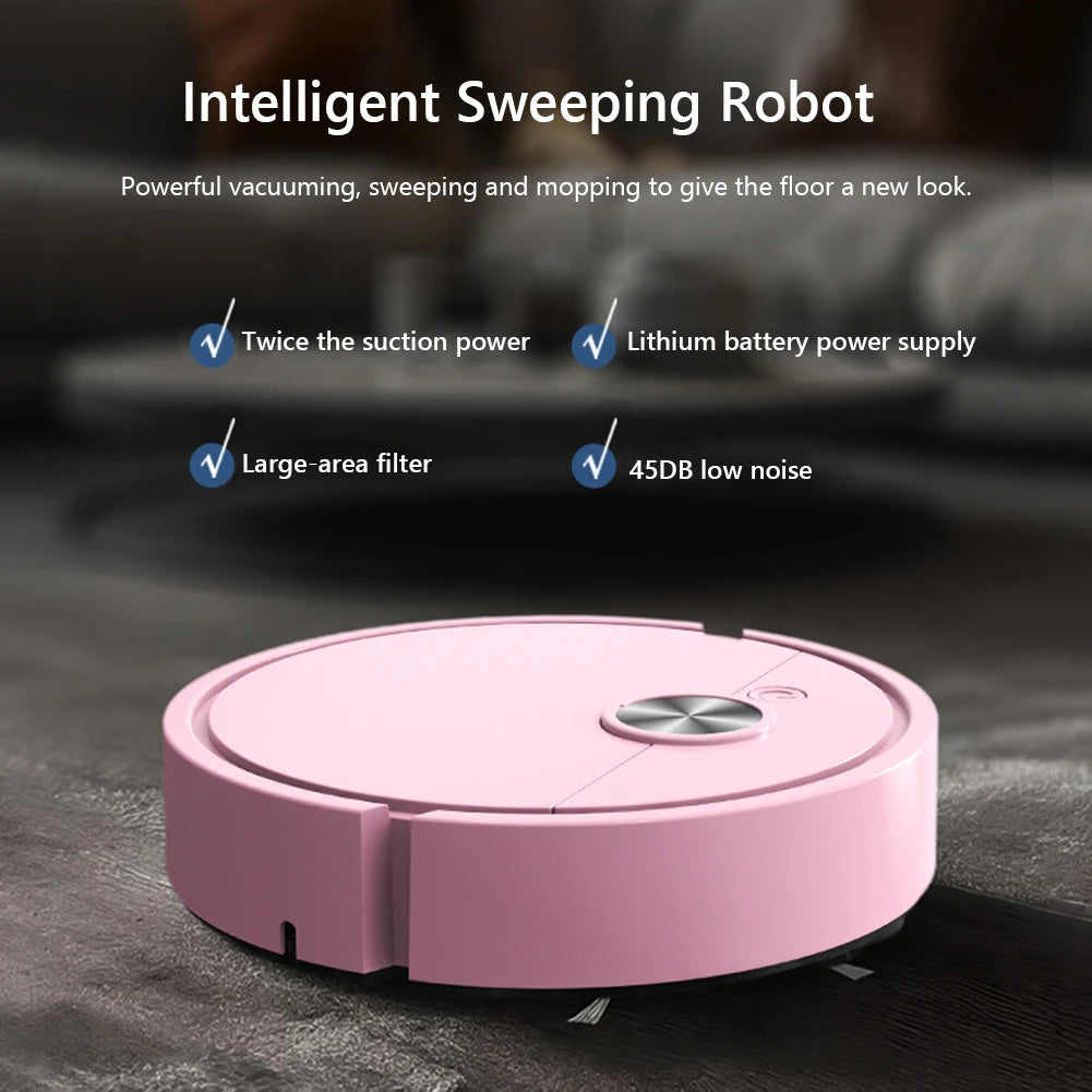 Mini Smart Cleaning Robot | Ultra-Compact 3-in-1 Sweep, Vacuum & Mop, LED-Lit & Silent – White, Black & Pink