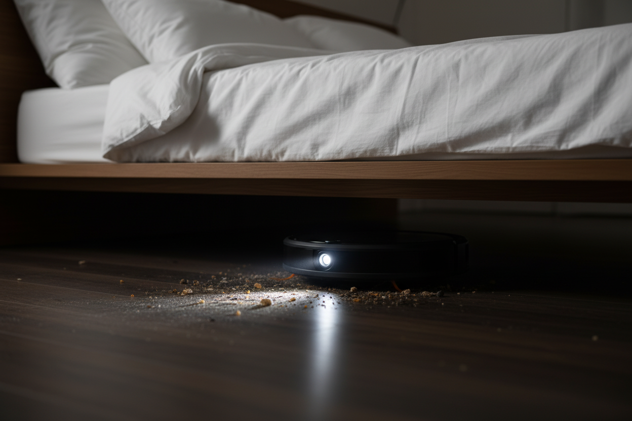 Black Robot Vacuum Revealing Dirt Under Bed