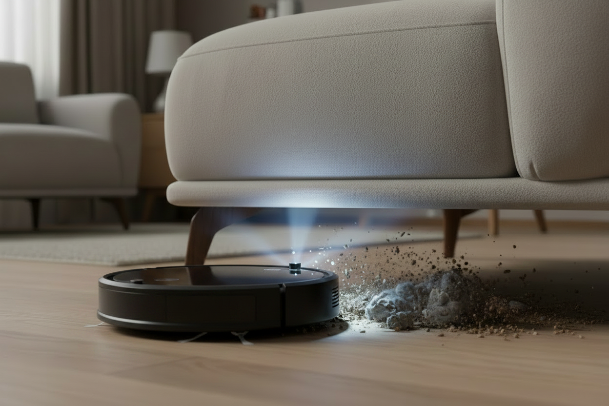 Black Robot Vacuum Revealing Dirt Under Bed