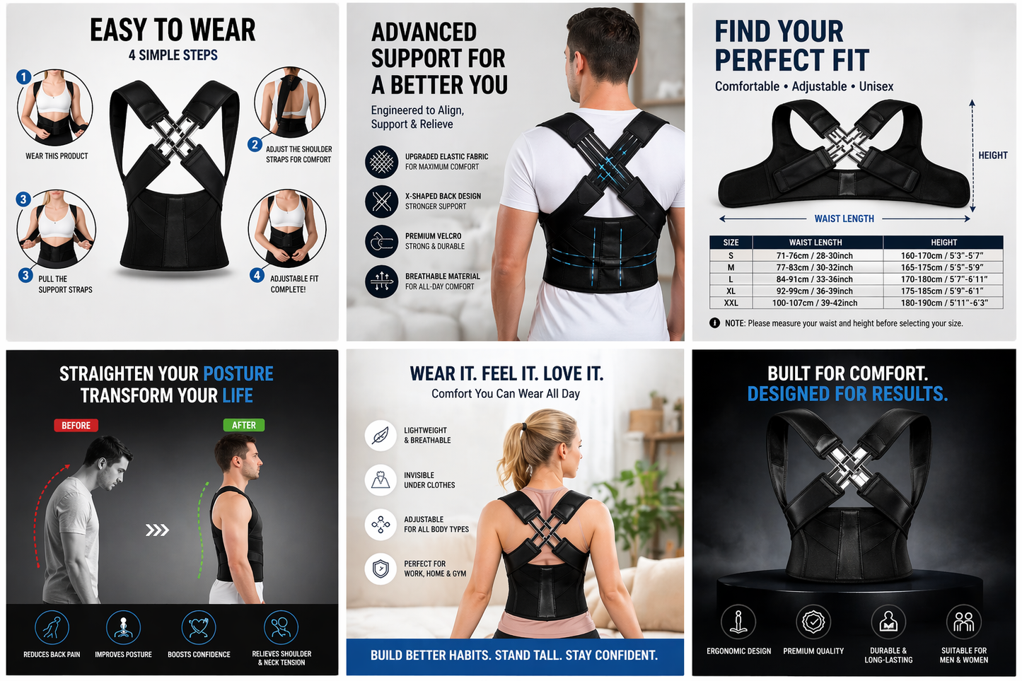 Posture Corrector Brace | Adjustable Back & Shoulder Support – Sizes S–XXL, Discreet All-Day Wear