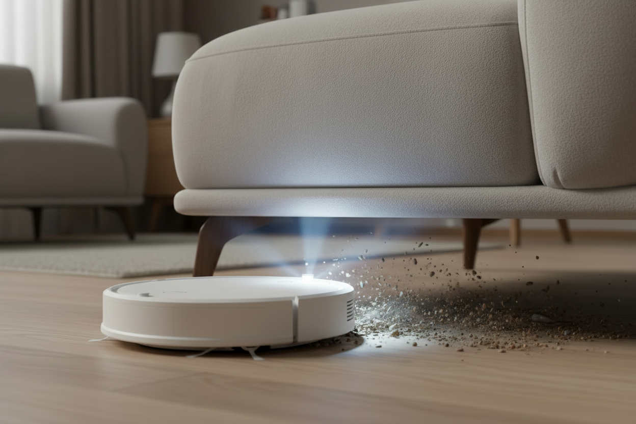 White Robot Vacuum Revealing Dirt Under Sofa
