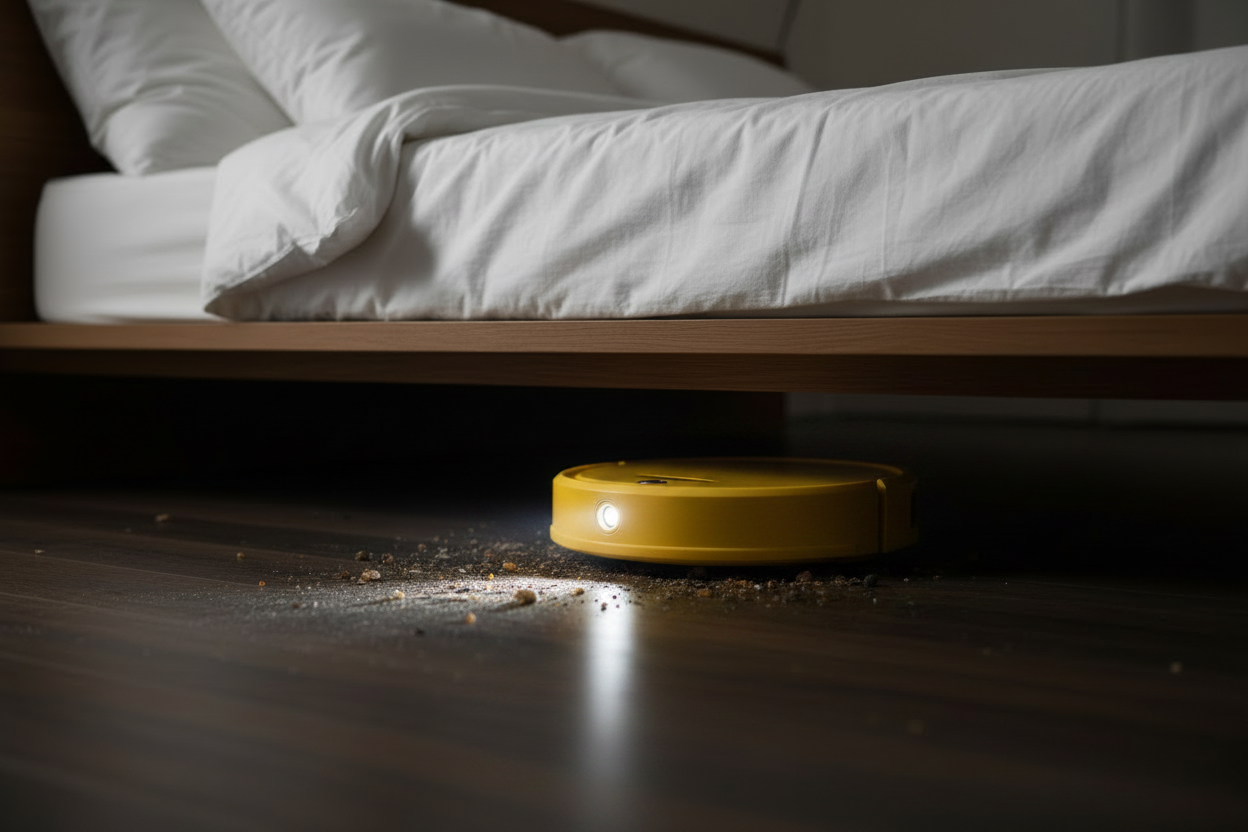 Yellow Robot Vacuum Revealing Dirt Under Bed
